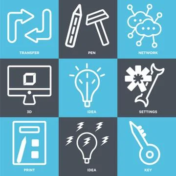 Set Of 9 simple editable icons such as Key, Idea, print Stock Illustration