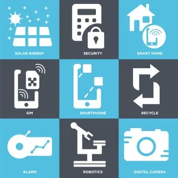 Set Of 9 simple editable icons such as Digital camera, Robotics, Alarm 스톡 일러스트
