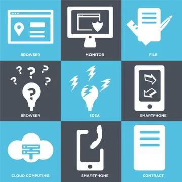 Set Of 9 simple editable icons such as Contract, Smartphone, Cloud computing Illustrazione stock