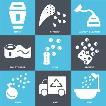 Set Of 9 simple editable icons such as Sink, Van, Soap Stock Illustration