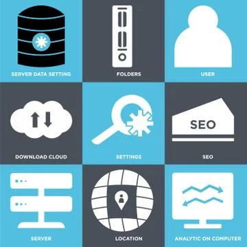Set Of 9 simple editable icons such as Analytic on computer, Location, Server 스톡 일러스트