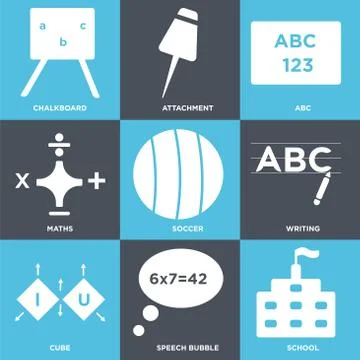 Set Of 9 simple editable icons such as School, Speech bubble, Cube Stock Illustration