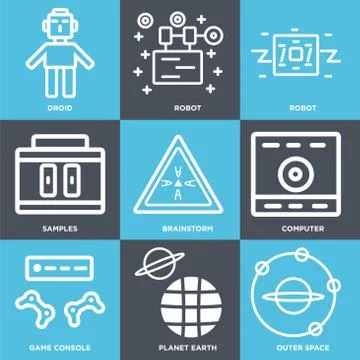Set Of 9 simple editable icons such as Outer space, Planet earth, Game consol Illustrazione stock