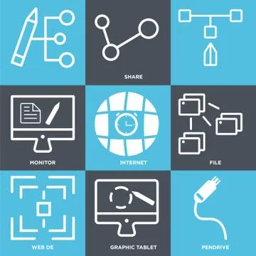 Set Of 9 simple editable icons such as Pendrive, Graphic tablet, Web de Stock Illustration