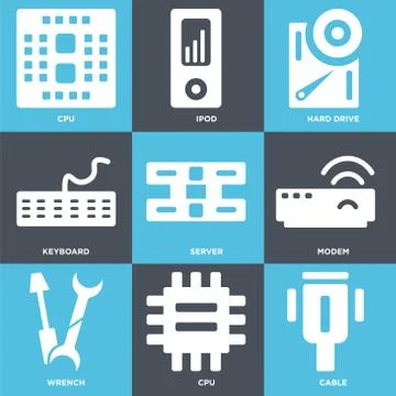 Set Of 9 simple editable icons such as Cable, Cpu, Wrench Stock Illustration