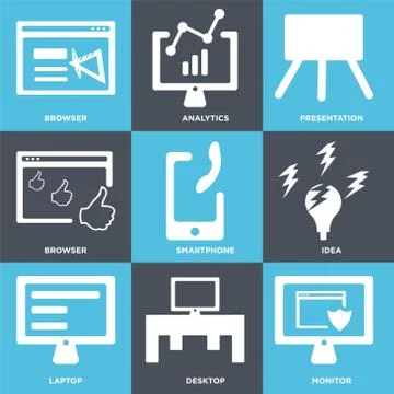Set Of 9 simple editable icons such as Monitor, Desktop, Laptop Stock Illustration
