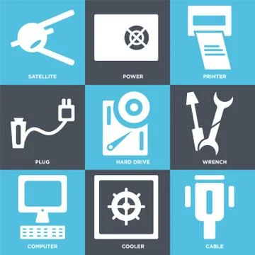 Set Of 9 simple editable icons such as Cable, Cooler, Computer Stock Illustration
