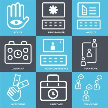 Set Of 9 simple editable icons such as Teamwork, Briefcase, Investment Stock Illustration