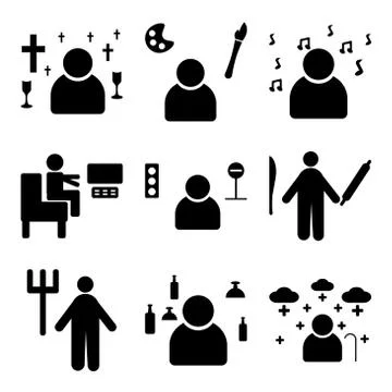 Set Of 9 simple editable icons such as Pensioner, Waiter, Gardener Stock Illustration