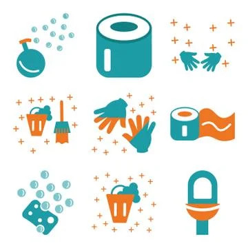 Set Of 9 simple editable icons such as Toilet, Bucket, Sponge Stock Illustration