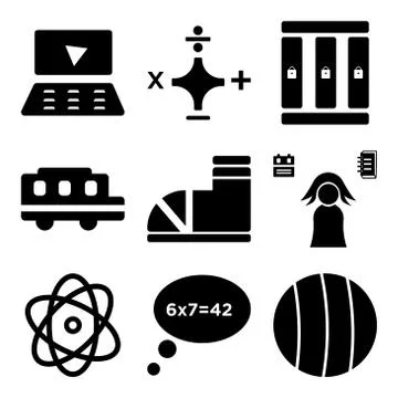 Set Of 9 simple editable icons such as Soccer, Speech bubble, Physics Stock Illustration