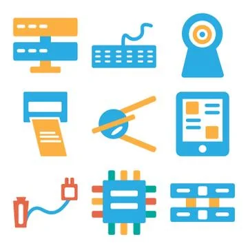 Set Of 9 simple editable icons such as Server, Cpu, Plug Stock Illustration