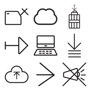 Set Of 9 simple editable icons such as Mute, Right arrow, Upload Stock Illustration