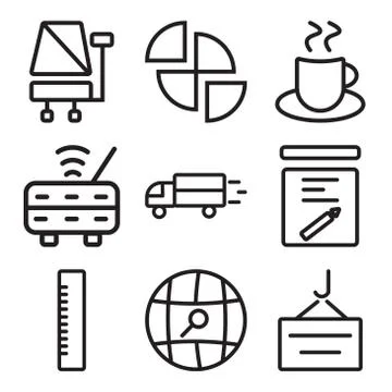 Set Of 9 simple editable icons such as Container, Search, Ruler Stock Illustration