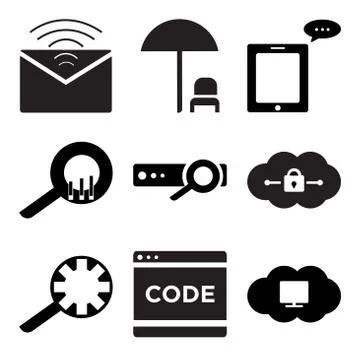 Set Of 9 simple editable icons such as Cloude on computer, Code, Search setti Illustrazione stock