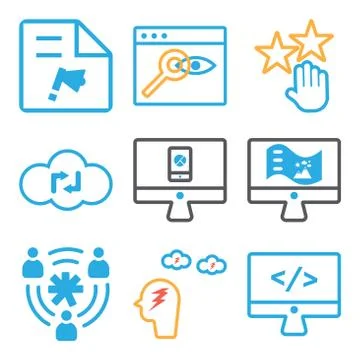 Set Of 9 simple editable icons such as Monitor, Brainstorming, Users Stock Illustration