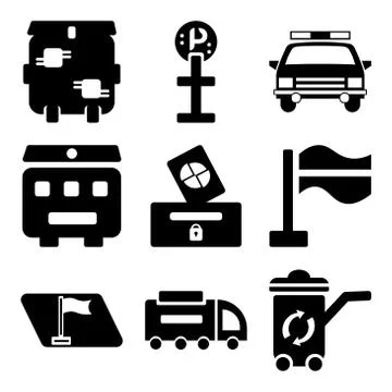 Set Of 9 simple editable icons such as Recycle bin, Road sweeper, Map Stock Illustration