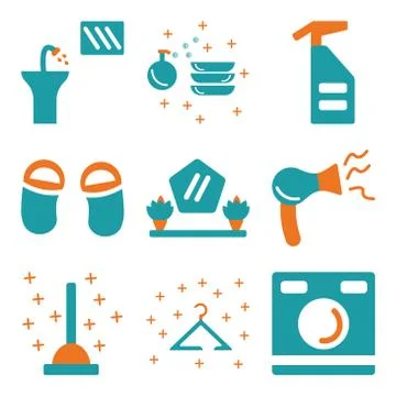 Set Of 9 simple editable icons such as Washing machine, Hanger, Plunger Stock Illustration
