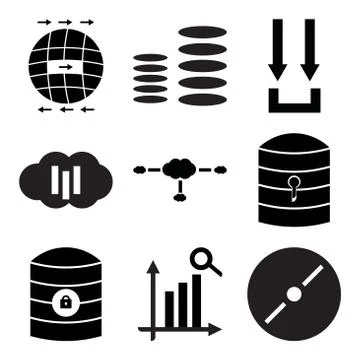 Set Of 9 simple editable icons such as Disc, Search statistic, Server key Stock Illustration