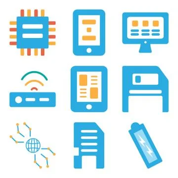 Set Of 9 simple editable icons such as Battery, Memory card, Internet Stock Illustration