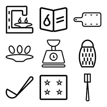 Set Of 9 simple editable icons such as Brush, Ice cube tray, Ladle Stock Illustration