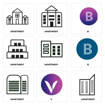 Set Of 9 simple editable icons such as Apartment, V, Apartment 스톡 일러스트