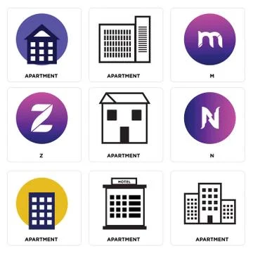 Set Of 9 simple editable icons such as Apartment, Apartment, Apartment Illustrazione stock