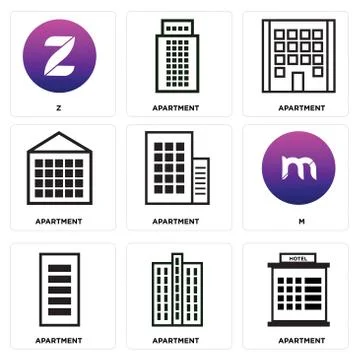 Set Of 9 simple editable icons such as Apartment, Apartment, Apartment 스톡 일러스트