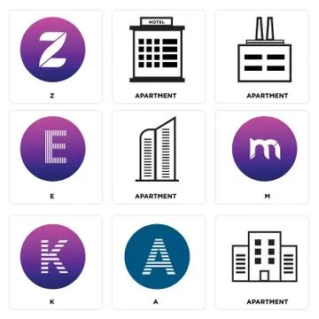 Set Of 9 simple editable icons such as Apartment, A, K Stock Illustration