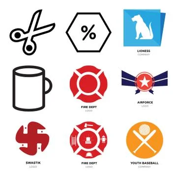 Set Of 9 simple editable icons such as youth baseball, fire dept, swastik Stock Illustration