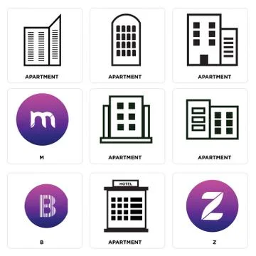 Set Of 9 simple editable icons such as Z, Apartment, B Stock Illustration