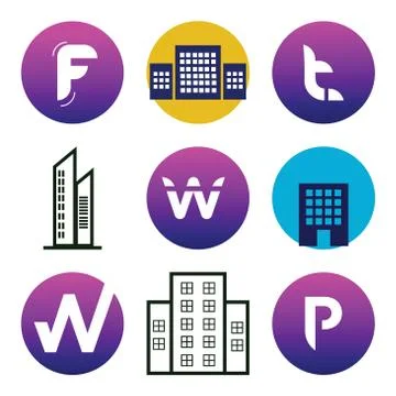 Set Of 9 simple editable icons such as P, Apartment, W Stock Illustration