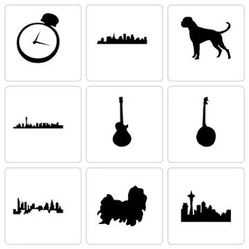 Set Of 9 simple editable icons such as seattle, shih tzu, charlotte Illustrazione stock gratuita