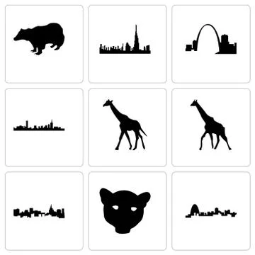 Set Of 9 simple editable icons such as missouri, jaguar face, st paul Gratis stockillustratie
