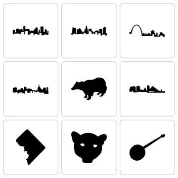 Set Of 9 simple editable icons such as banjo, jaguar face, dc Illustrazione stock gratuita
