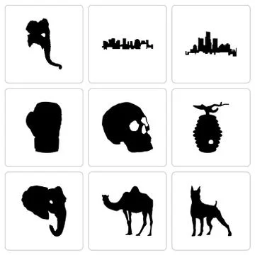 Set Of 9 simple editable icons such as boxer, camel, elephant head Free Stock Illustration