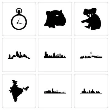 Set Of 9 simple editable icons such as houston, florida, india map Selección de ilustraciones gratis