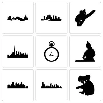 Set Of 9 simple editable icons such as koala, austin, minneapolis Selección de ilustraciones gratis