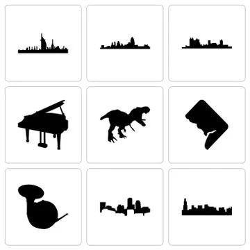 Set Of 9 simple editable icons such as chicago, boston, french horn Selección de ilustraciones gratis
