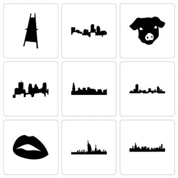 Set Of 9 simple editable icons such as chicago, dubai, lips Free Stock Illustration