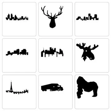 Set Of 9 simple editable icons such as gorilla, semi truck, paris Free Stock Illustration