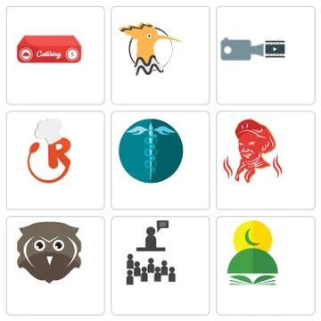 Set Of 9 simple editable icons such as quran, public relations, free owl Illustrazione stock gratuita