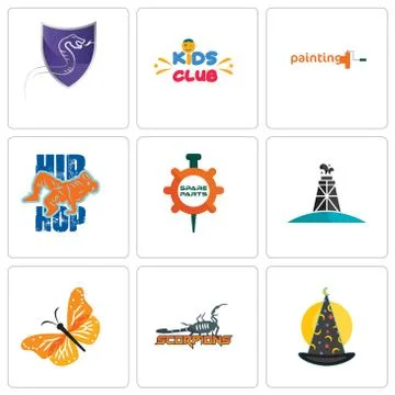 Set Of 9 simple editable icons such as wizard hat, scorpions, monarch butterf Free Stock Illustration