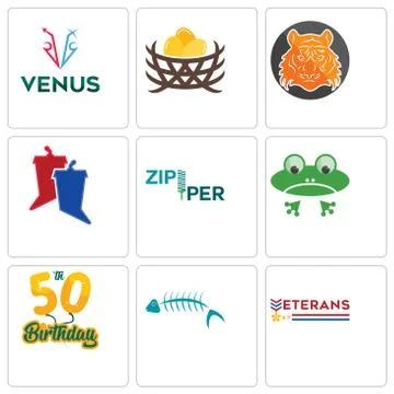 Set Of 9 simple editable icons such as veterans day, fish skeleton, 50th birt Free Stock Illustration