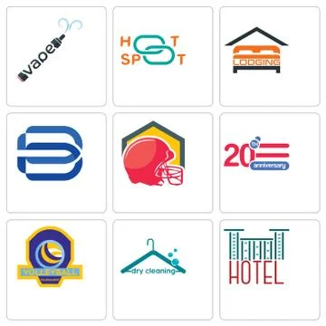 Set Of 9 simple editable icons such as hotel, dry cleaning, volleyball tourna Selección de ilustraciones gratis