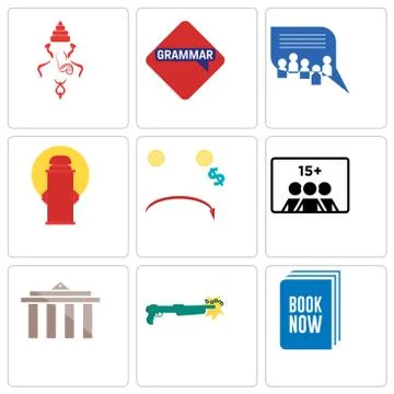 Set Of 9 simple editable icons such as book now, shotgun, municipality Selección de ilustraciones gratis