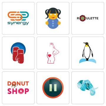 Set Of 9 simple editable icons such as elephant head, pause, donut shop Free Stock Illustration