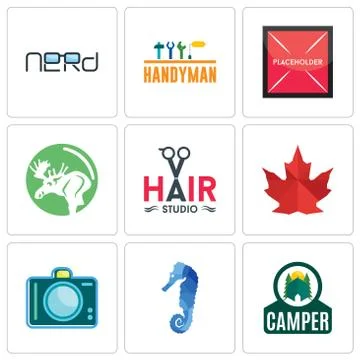 Set Of 9 simple editable icons such as camper, sea horse, dslr Free Stock Illustration