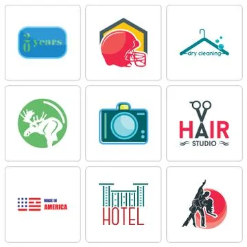 Set Of 9 simple editable icons such as dance studio, hotel, made in america Selección de ilustraciones gratis