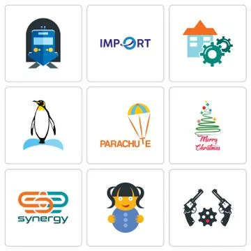 Set Of 9 simple editable icons such as revolver, doll, synergy Free Stock Illustration